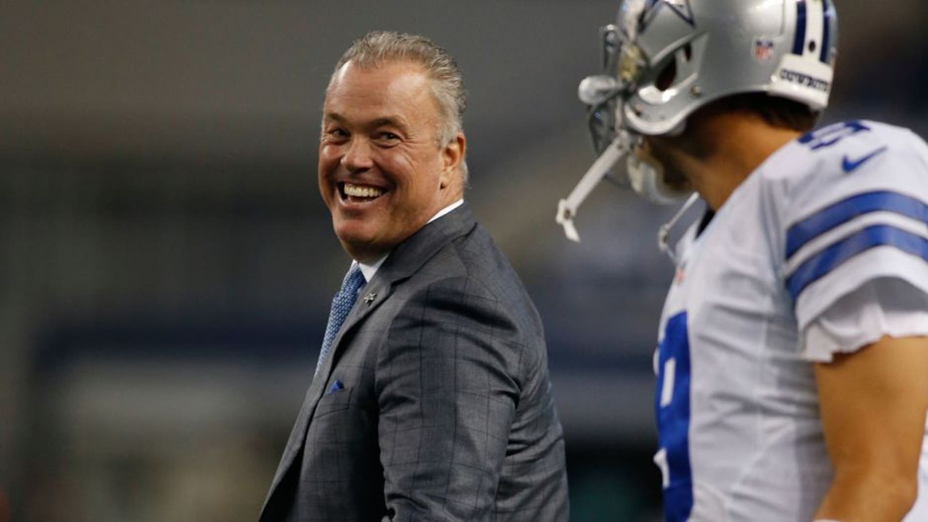 Sep 28, 2014; Arlington, TX, USA; Dallas Cowboys executive vice president Stephen Jones on the field before the game against the New Orleans Saints at AT&T Stadium. Dallas beat New Orleans 38-17. Mandatory Credit: Tim Heitman-USA TODAY Sports