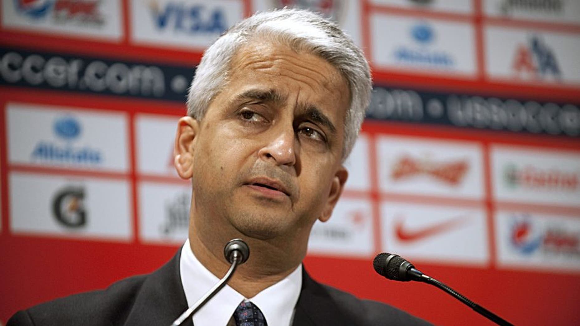 US Soccer President Sunil Gulati introduces German soccer star Jâºrgen Klinsmann as the new head coach of the US Mens National Team at a press conference August 1, 2011 in New York. AFP PHOTO/DON EMMERT (Photo credit should read DON EMMERT/AFP/Getty Images)