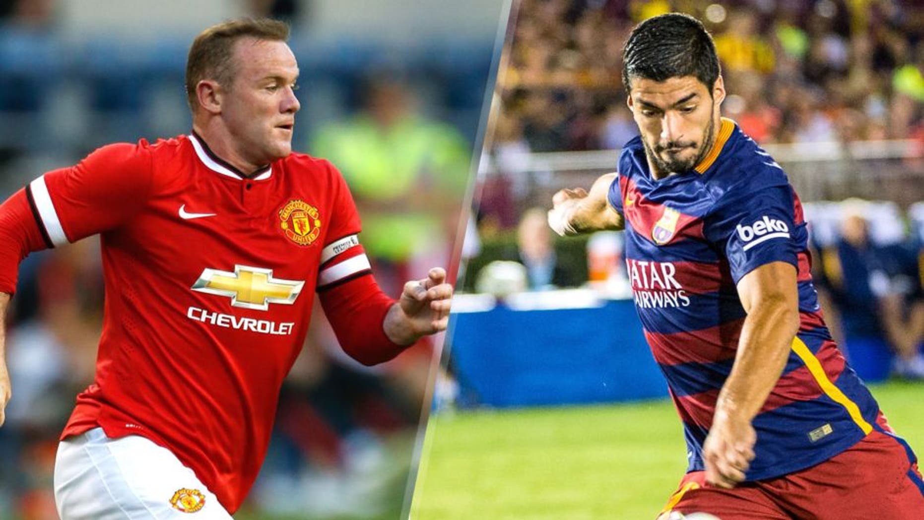SEATTLE, WA - JULY 17: Wayne Rooney #10 of Manchester United follows the play against against Club America during the International Champions Cup at CenturyLink Field on July 17, 2015 in Seattle, Washington. (Photo by Otto Greule Jr/Getty Images), PASADENA, CA - JULY 21: Luis Suarez #9 of Barcelona takes a shot on goal during the International Champions Cup 2015 match between FC Barcelona and Los Angeles Galaxy at the Rose Bowl on July 21, 2015 in Pasadena, California. Barcelona won the match 2-1 (Photo by Shaun Clark/Getty Images)