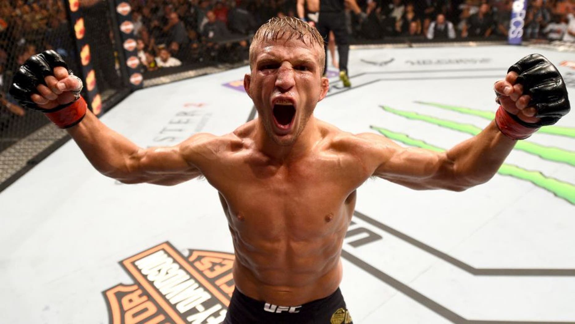 CHICAGO, IL - JULY 25: TJ Dillashaw reacts after his TKO victory over Renan Barao of Brazil in their UFC bantamweight championship bout during the UFC event at the United Center on July 25, 2015 in Chicago, Illinois. (Photo by Jeff Bottari/Zuffa LLC/Zuffa LLC via Getty Images)
