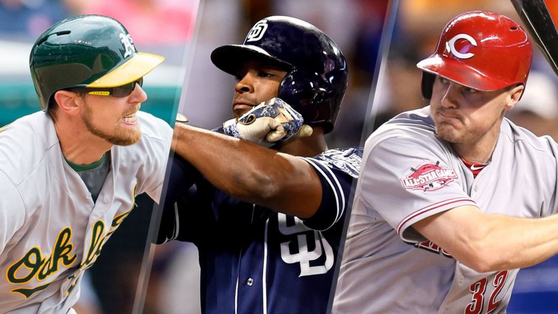 CLEVELAND, OH - JULY 12: Ben Zobrist #18 of the Oakland Athletics hits a single in the ninth inning against the Cleveland Indians at Progressive Field on July 12, 2015 in Cleveland, Ohio. The Athletics defeated the Indians 2-0. (Photo by Jason Miller/Getty Images), SAN DIEGO, CA - JUNE 13: Justin Upton #10 of the San Diego Padres celebrates hitting a home run during the game against the Los Angeles Dodgers at Petco Park on June 13, 2015 in San Diego, CA. (Photo by Andy Hayt/San Diego Padres/Getty Images) , MIAMI, FL - JULY 12: Jay Bruce #32 of the Cincinnati Reds in action during the game against the Miami Marlins at Marlins Park on July 12, 2015 in Miami, Florida. (Photo by Rob Foldy/Getty Images)