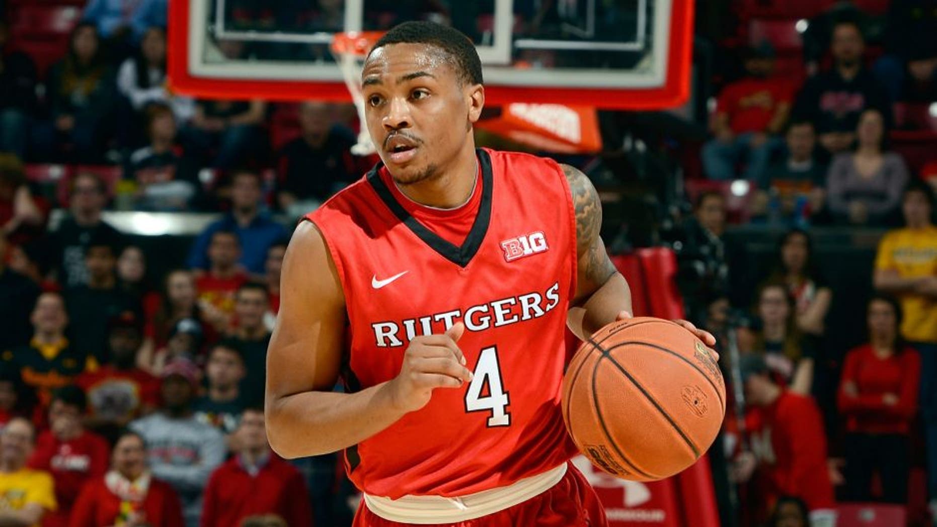 COLLEGE PARK, MD - JANUARY 14: Myles Mack #4 of the Rutgers Scarlet Knights handles the ball against the Maryland Terrapins at the Xfinity Center on January 14, 2015 in College Park, Maryland. (Photo by G Fiume/Maryland Terrapins/Getty Images)