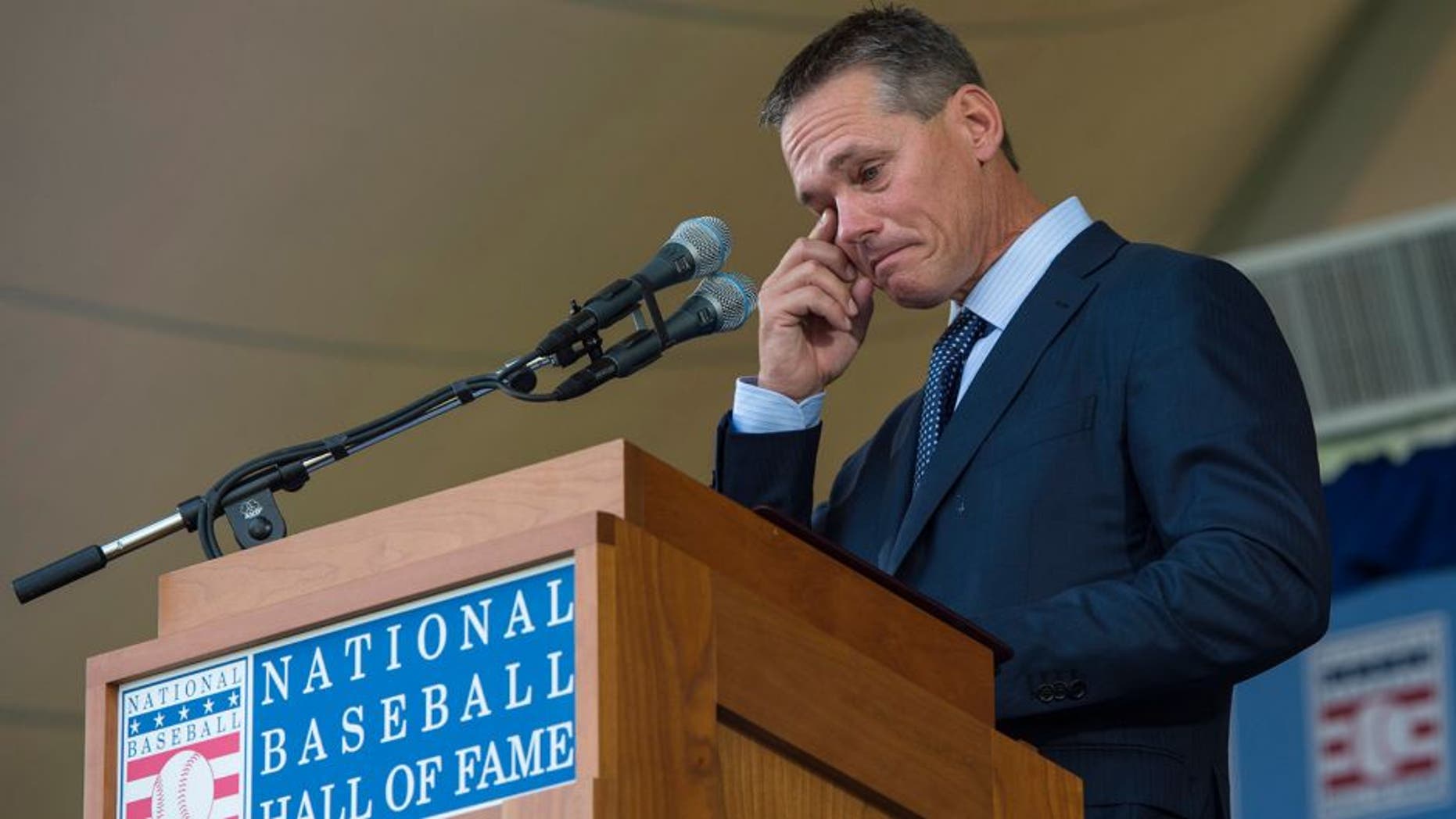 Jul 26, 2015; Cooperstown, NY, USA; Hall of Fame Inductee Craig Biggio reacts during his acceptance speech into the Hall of Fame Induction Ceremonies at Clark Sports Center. Mandatory Credit: Gregory J. Fisher-USA TODAY Sports