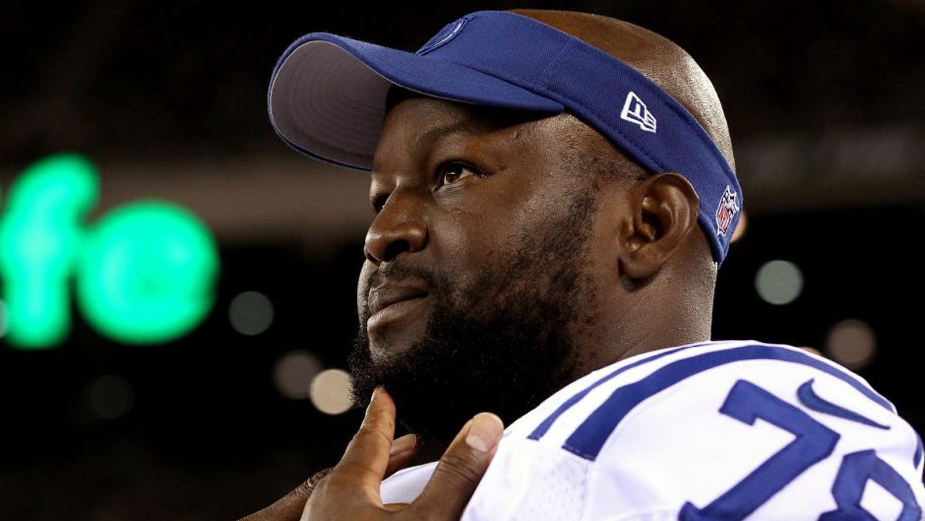 Aug 7, 2014; East Rutherford, NJ, USA; Indianapolis Colts tackle Gosder Cherilus (78) on the bench against the New York Jets during the second half at MetLife Stadium. The Jets defeated the Colts 13-10. Mandatory Credit: Adam Hunger-USA TODAY Sports