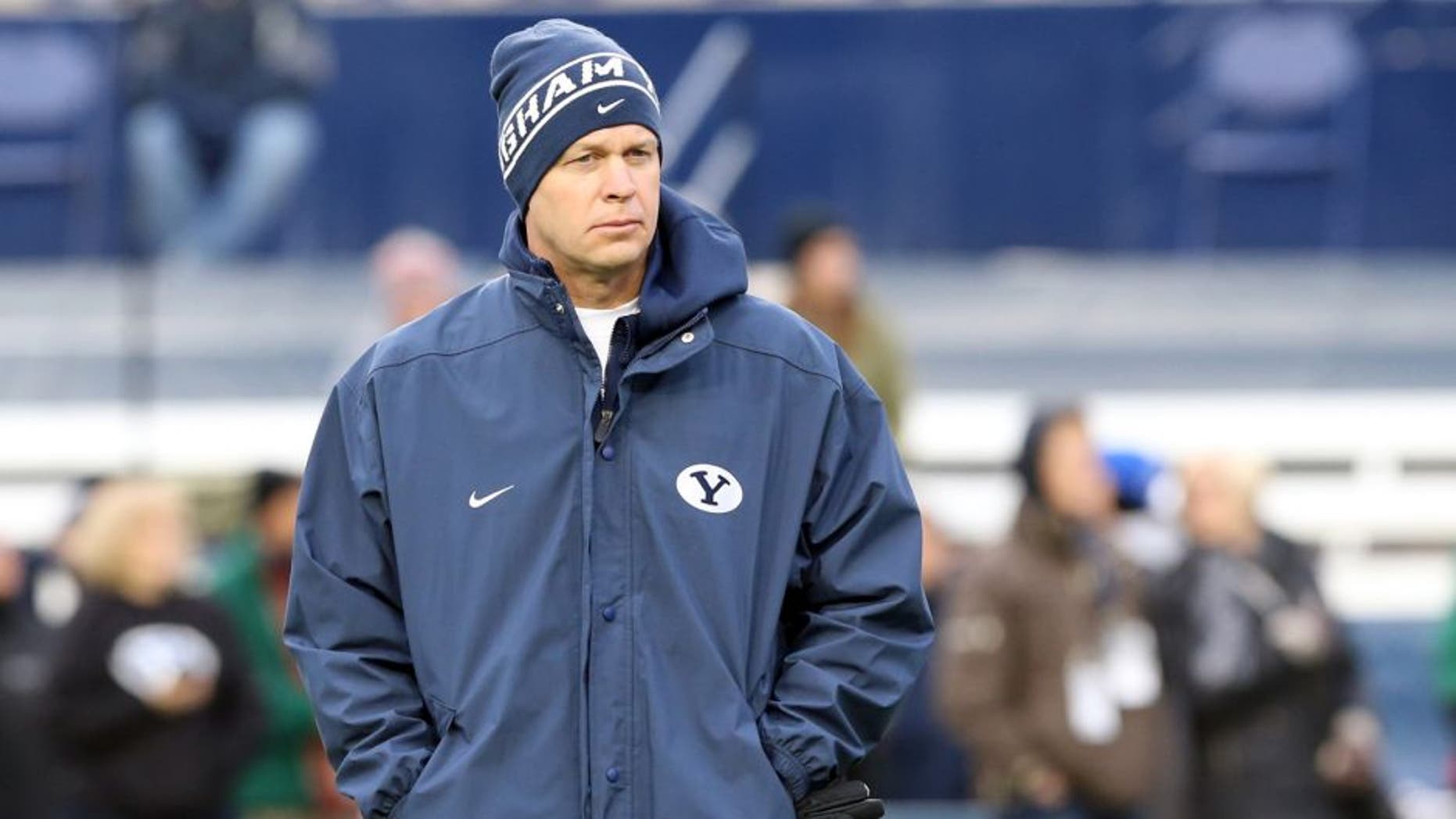 Nov 15, 2014; Provo, UT, USA; Brigham Young Cougars head coach Bronco Mendenhall walks the field before the game against the UNLV Rebels at Lavell Edwards Stadium. Mandatory Credit: Chris Nicoll-USA TODAY Sports