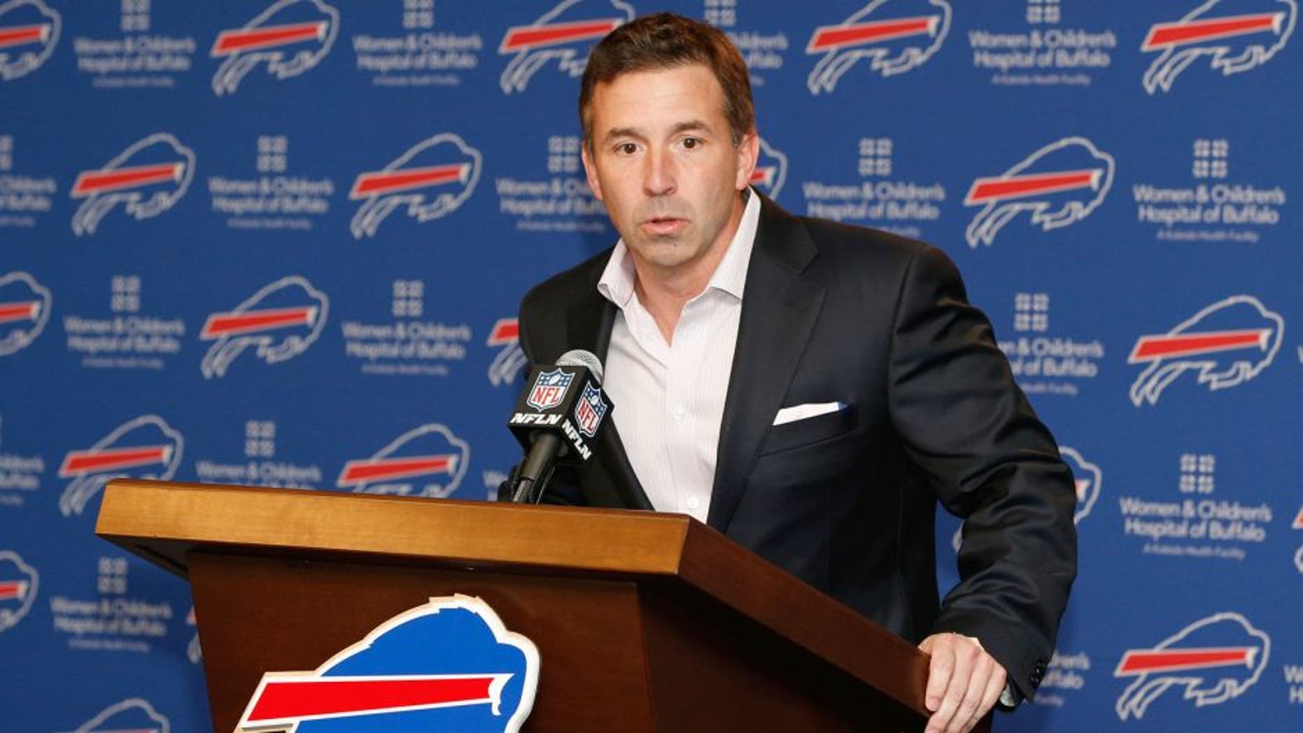 Mar 10, 2015; Orchard Park, NY, USA; Buffalo Bills president Russ Brandon introduces running back LeSean McCoy (not pictured) during a press conference at Ralph Wilson Stadium. Mandatory Credit: Kevin Hoffman-USA TODAY Sports