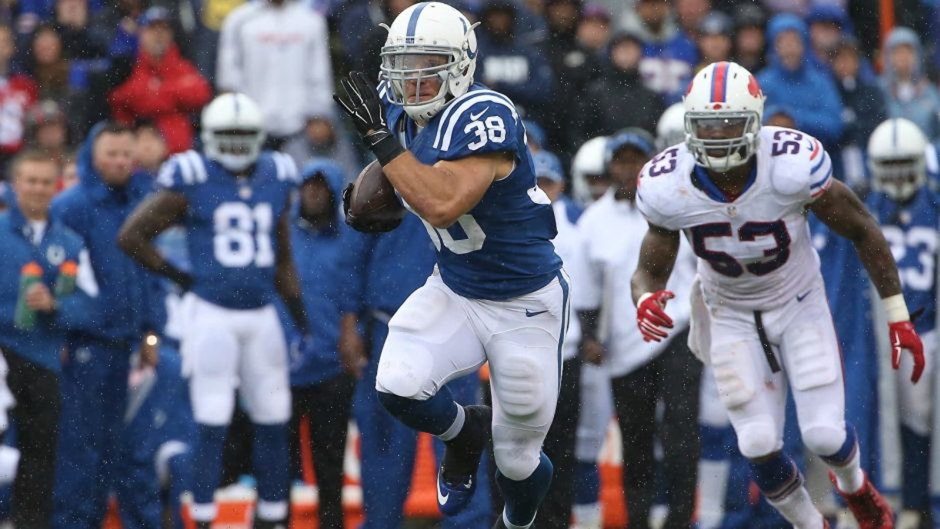 ORCHARD PARK, NY - SEPTEMBER 13: Tyler Varga #38 of the Indianapolis Colts runs with the ball during NFL game action against the Buffalo Bills at Ralph Wilson Stadium on September 13, 2015 in Orchard Park, New York. (Photo by Tom Szczerbowski/Getty Images) *** Local Caption *** Tyler Varga