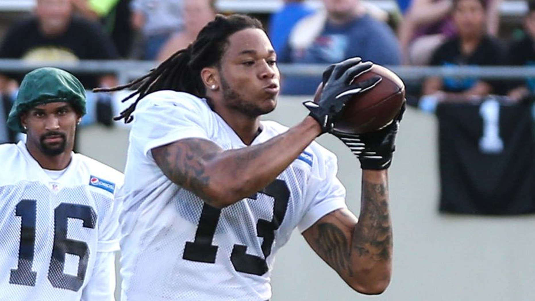 Jul 26, 2014; Spartanburg, SC, USA; Carolina Panthers wide receiver Kelvin Benjamin (13) makes a catch during training camp at Gibbs Stadium. Mandatory Credit: Jim Dedmon-USA TODAY Sports