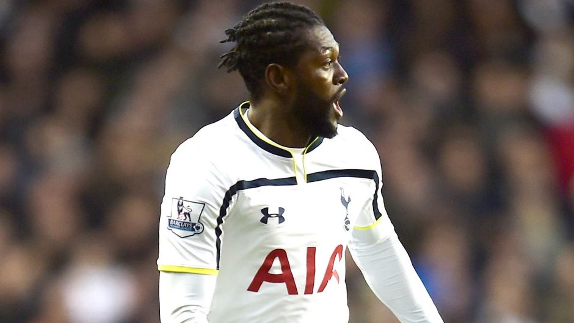 LONDON, ENGLAND - JANUARY 24: Emmanuel Adebayour of Spurs runs with the ball during the FA Cup Fourth Round match between Tottenham Hotspur and Leicester City at White Hart Lane on January 24, 2015 in London, England. (Photo by Jamie McDonald/Getty Images)