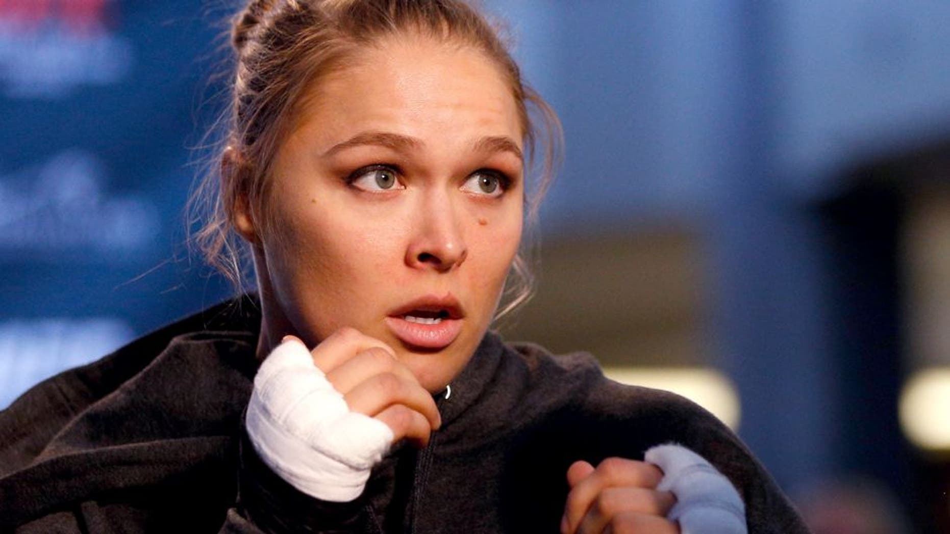 LAS VEGAS, NV - JULY 02: UFC women's bantamweight champion Ronda Rousey holds an open training session ahead of UFC 175 at the Fashion Show Mall on July 2, 2014 in Las Vegas, Nevada. (Photo by Josh Hedges/Zuffa LLC/Zuffa LLC via Getty Images)