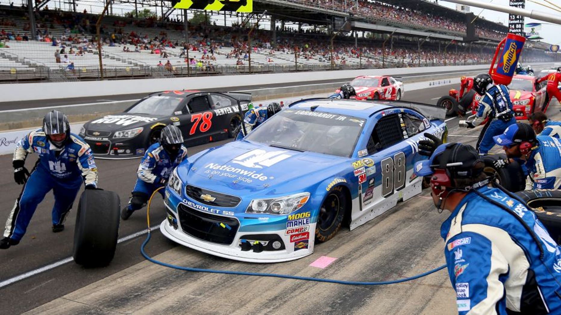 INDIANAPOLIS, IN - JULY 26: Dale Earnhardt Jr., driver of the #88 Nationwide Chevrolet, pits during the NASCAR Sprint Cup Series Crown Royal Presents the Jeff Kyle 400 at the Brickyard at Indianapolis Motor Speedway on July 26, 2015 in Indianapolis, Indiana. (Photo by Matt Sullivan/Getty Images)