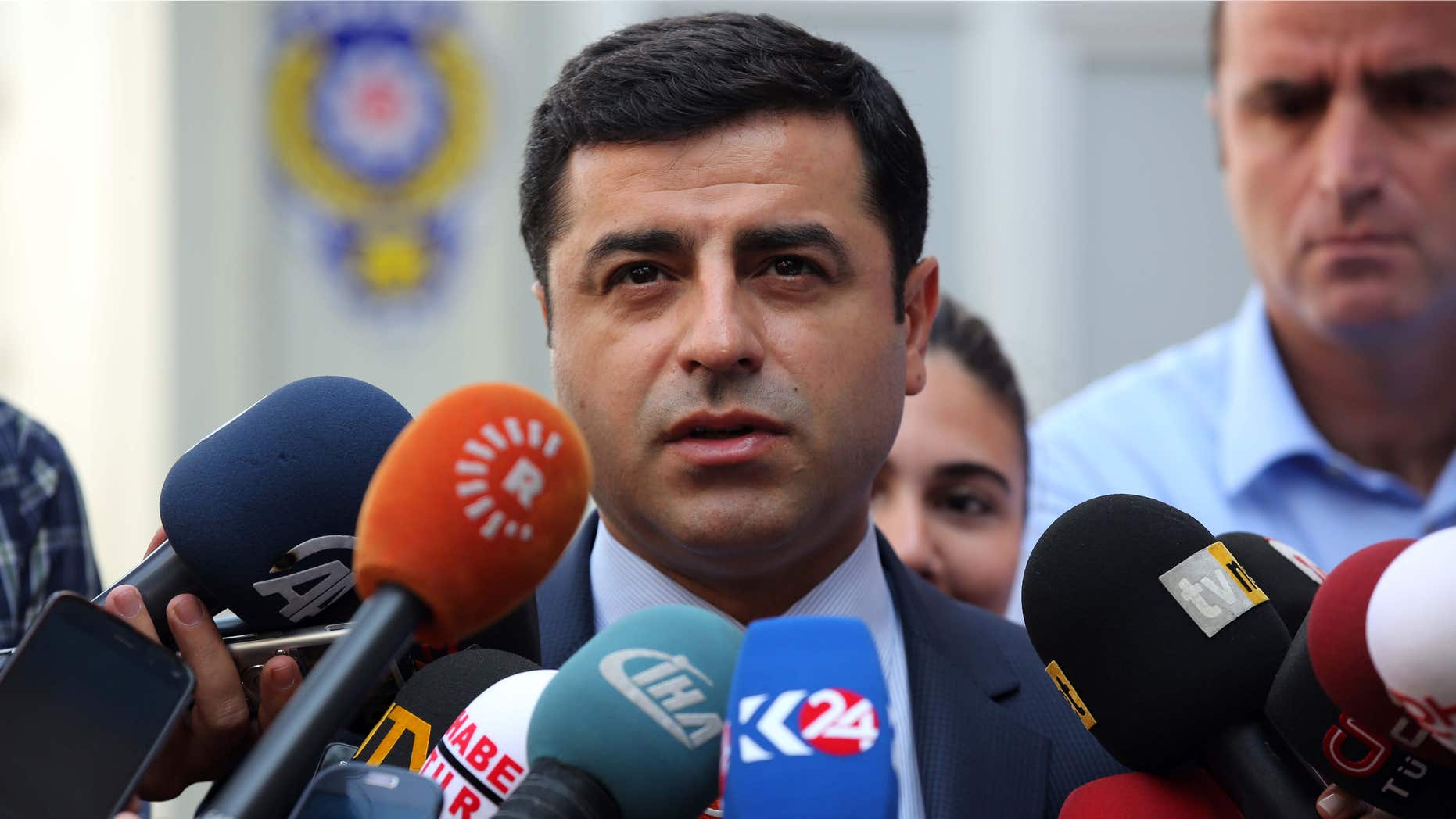 July 27, 2015: Pro-Kurdish Peoples' Democracy Party leader Selahattin Demirtas speaks to the media about Turkey's airstrikes against Kurdish rebel bases in Iraq, in Ankara, Turkey.