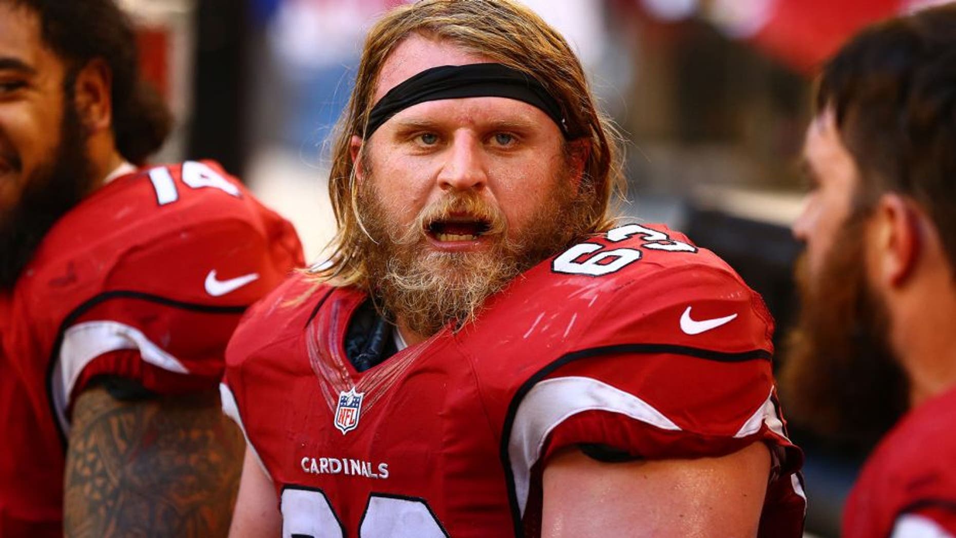 Dec 29, 2013; Phoenix, AZ, USA; Arizona Cardinals center Lyle Sendlein against the San Francisco 49ers at University of Phoenix Stadium. Mandatory Credit: Mark J. Rebilas-USA TODAY Sports