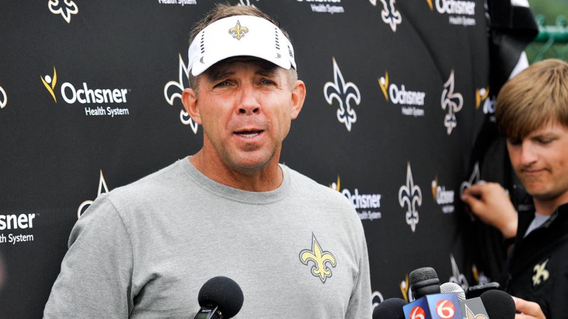 Jul 28, 2014; White Sulpher Springs, WV, USA; New Orleans Saints head coach Sean Payton speaks to the media following training camp at The Greenbrier. Mandatory Credit: Michael Shroyer-USA TODAY Sports