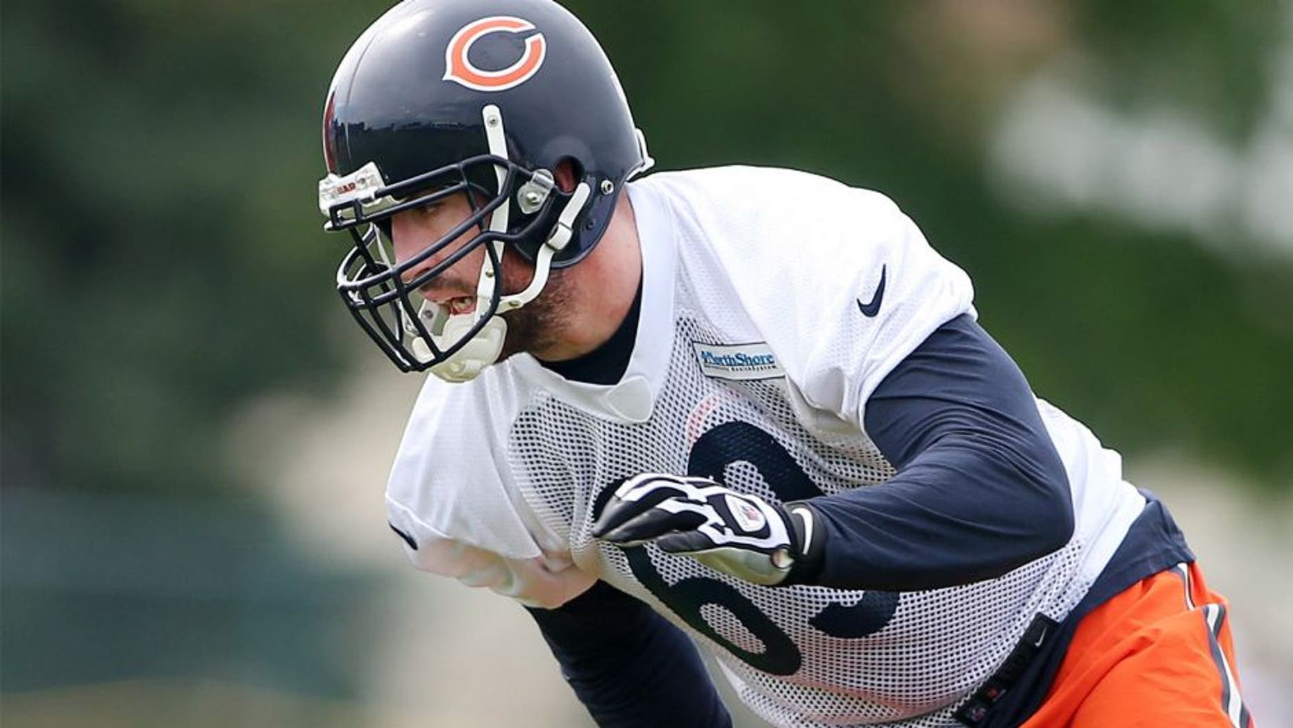 Jul 25, 2014; Chicago, IL, USA; Chicago Bears defensive end Jared Allen goes through drills during training camp at Olivet Nazarene University. Mandatory Credit: Jerry Lai-USA TODAY Sports