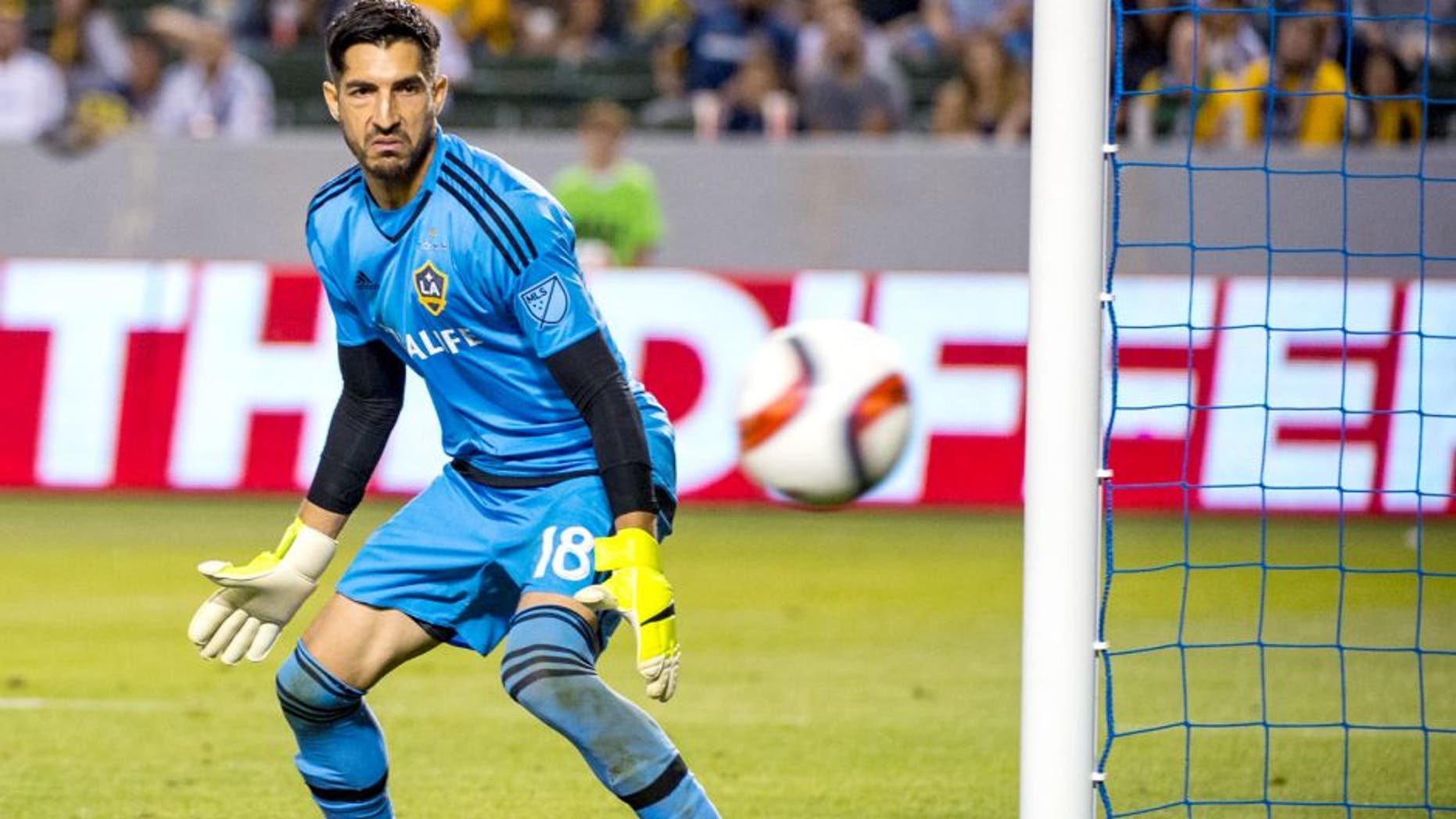CARSON, CA - JUNE 24: Jaime Penedo (18) of Los Angeles Galaxy watches a shot fly safely by during Los Angeles Galaxy's MLS match against Portland Timbers at the StubHub Center on June 24, 2015 in Carson, California. The LA Galaxy won the match 5-0 (Photo: Shaun Clark/Getty Images)