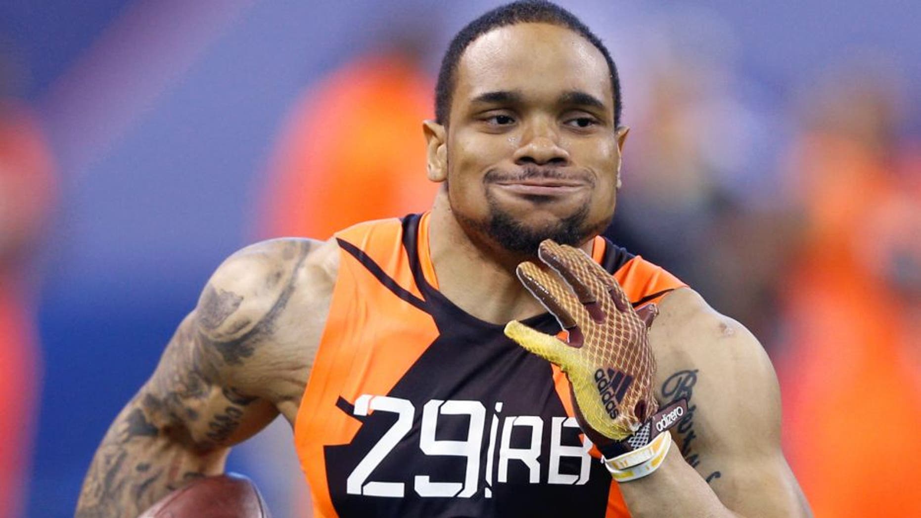 INDIANAPOLIS, IN - FEBRUARY 21: Running back Thomas Rawls of Central Michigan in action during the 2015 NFL Scouting Combine at Lucas Oil Stadium on February 21, 2015 in Indianapolis, Indiana. (Photo by Joe Robbins/Getty Images)