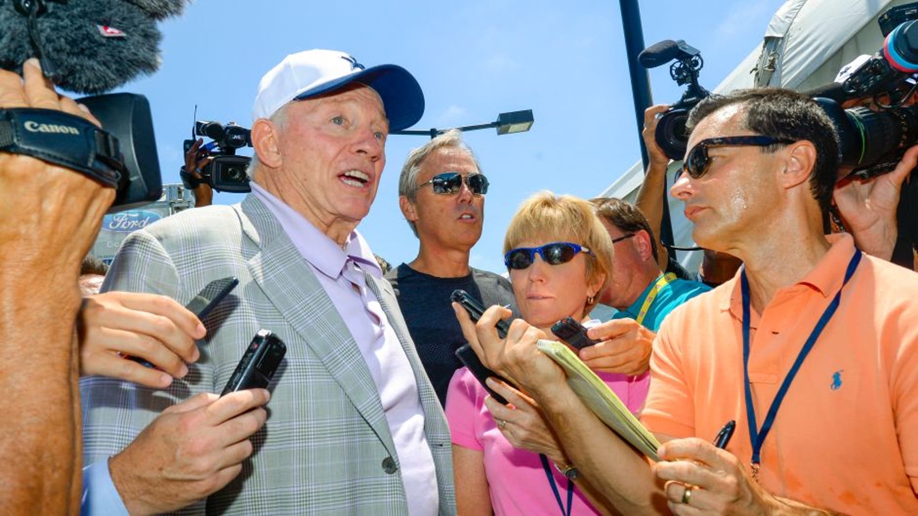 Dallas Cowboys owner Jerry Jones fields questions from members of the media during the "state of the team" news conference at the start of NFL football training camp, Wednesday, July 29, 2015, in Oxnard, Calif. (AP Photo/Gus Ruelas)