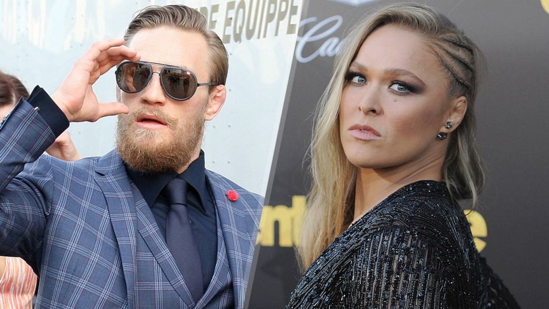 Conor McGregor arrives backstage during the UFC 189 event inside MGM Grand Garden Arena on July 11, 2015 in Las Vegas, Nevada. (Photo by Mitch Viquez/Zuffa LLC/Zuffa LLC via Getty Images) Ronda Rousey arrives at the Los Angeles Premiere 'Entourage' at Regency Village Theatre on June 1, 2015 in Westwood, California. (Photo by Jon Kopaloff/FilmMagic)