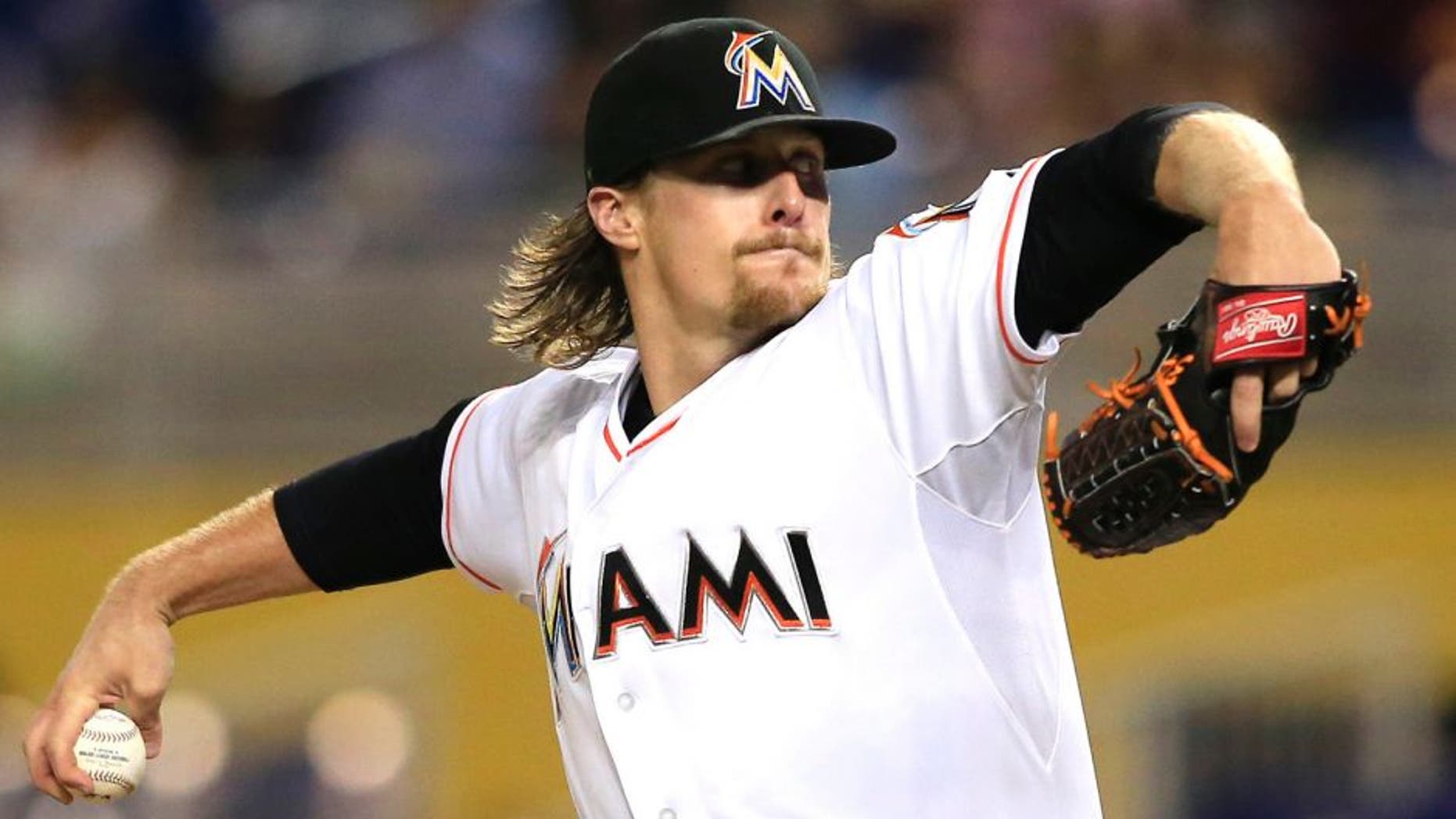 Jul 29, 2015; Miami, FL, USA; Miami Marlins starting pitcher Tom Koehler throws the ball in the first inning of a game against the Washington Nationals at Marlins Park. Mandatory Credit: Robert Mayer-USA TODAY Sports