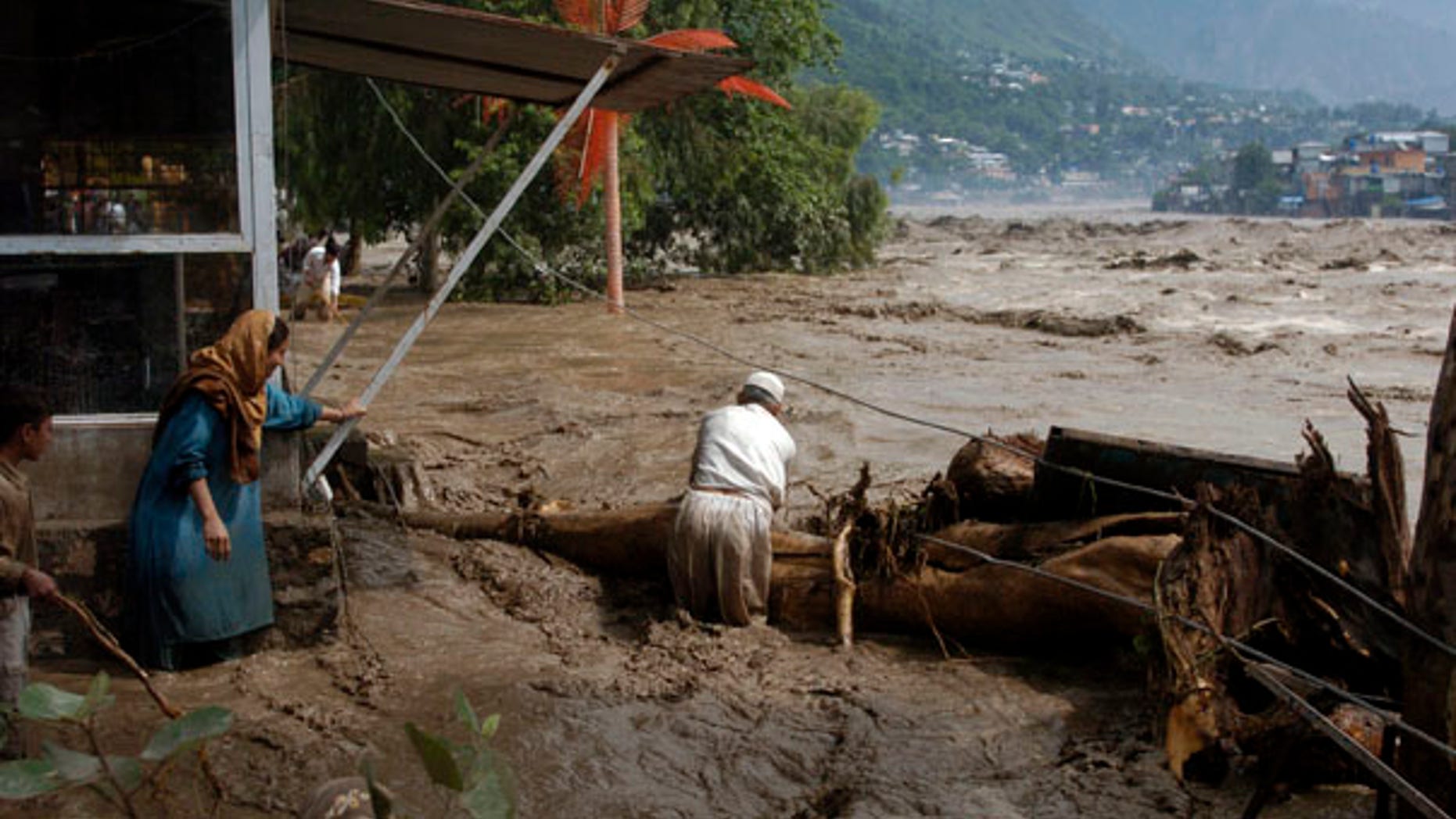 July 30: Pakistani villagers try to catch trees float in the flooded Nelum river in Muzaffarabad, the capital of Pakistani Kashmir.