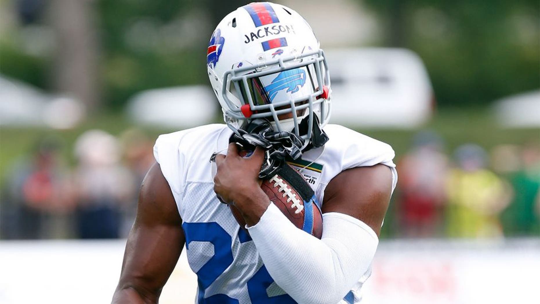 Jul 21, 2014; Pittsford, NY, USA; Buffalo Bills running back Fred Jackson (22) runs during a drill during training camp at St John Fisher College. Mandatory Credit: Kevin Hoffman-USA TODAY Sports