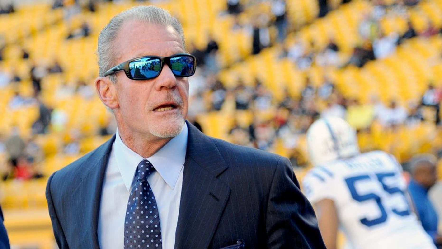 PITTSBURGH, PA - OCTOBER 26: Team owner Jim Irsay of the Indianapolis Colts looks on from the sideline before a game against the Pittsburgh Steelers at Heinz Field on October 26, 2014 in Pittsburgh, Pennsylvania. The Steelers defeated the Colts 51-34. (Photo by George Gojkovich/Getty Images)