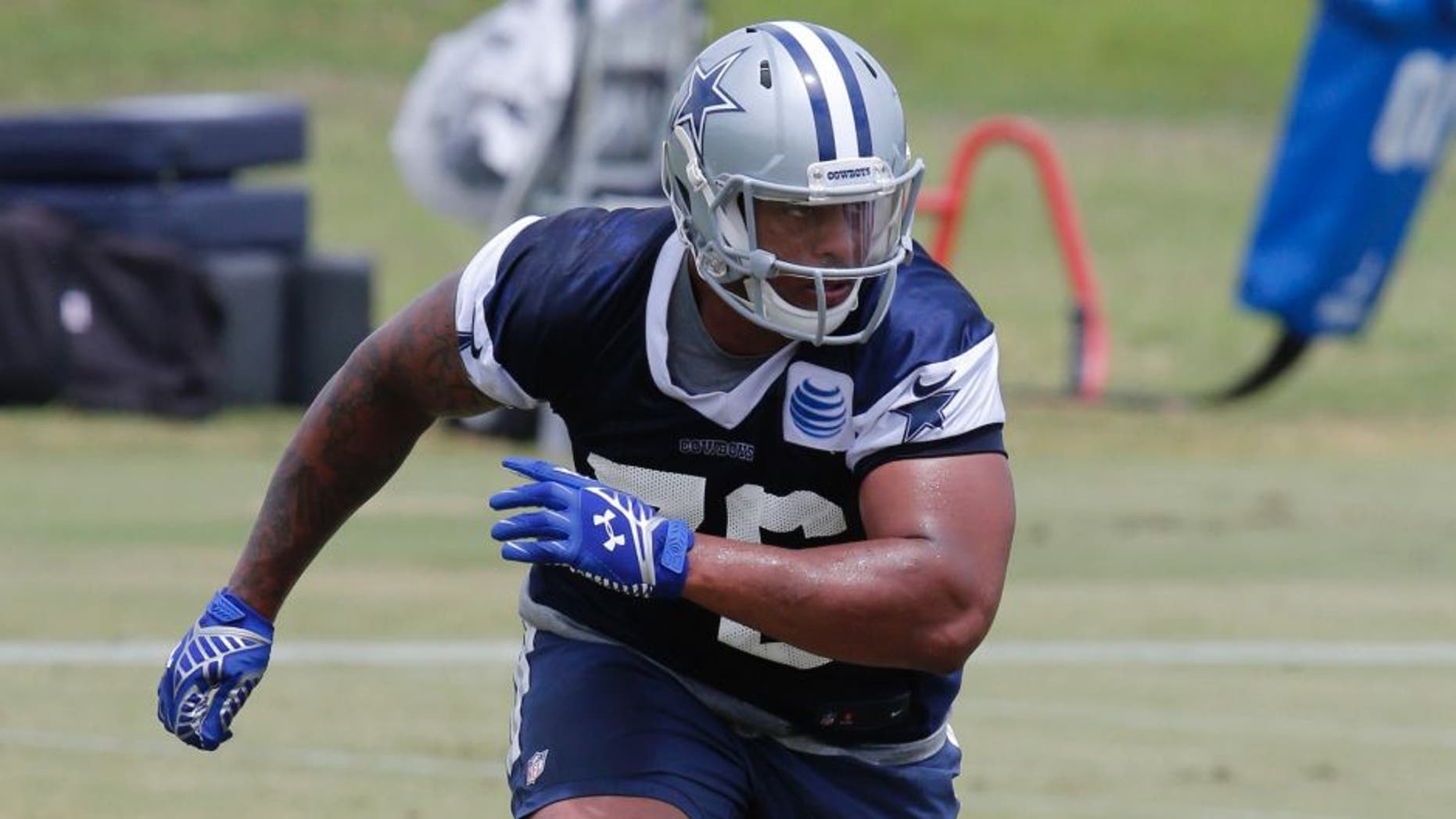 Jun 16, 2015; Irving, TX, USA; Dallas Cowboys defensive end Greg Hardy (76) in action during minicamp at Dallas Cowboys Headquarters. Mandatory Credit: Matthew Emmons-USA TODAY Sports