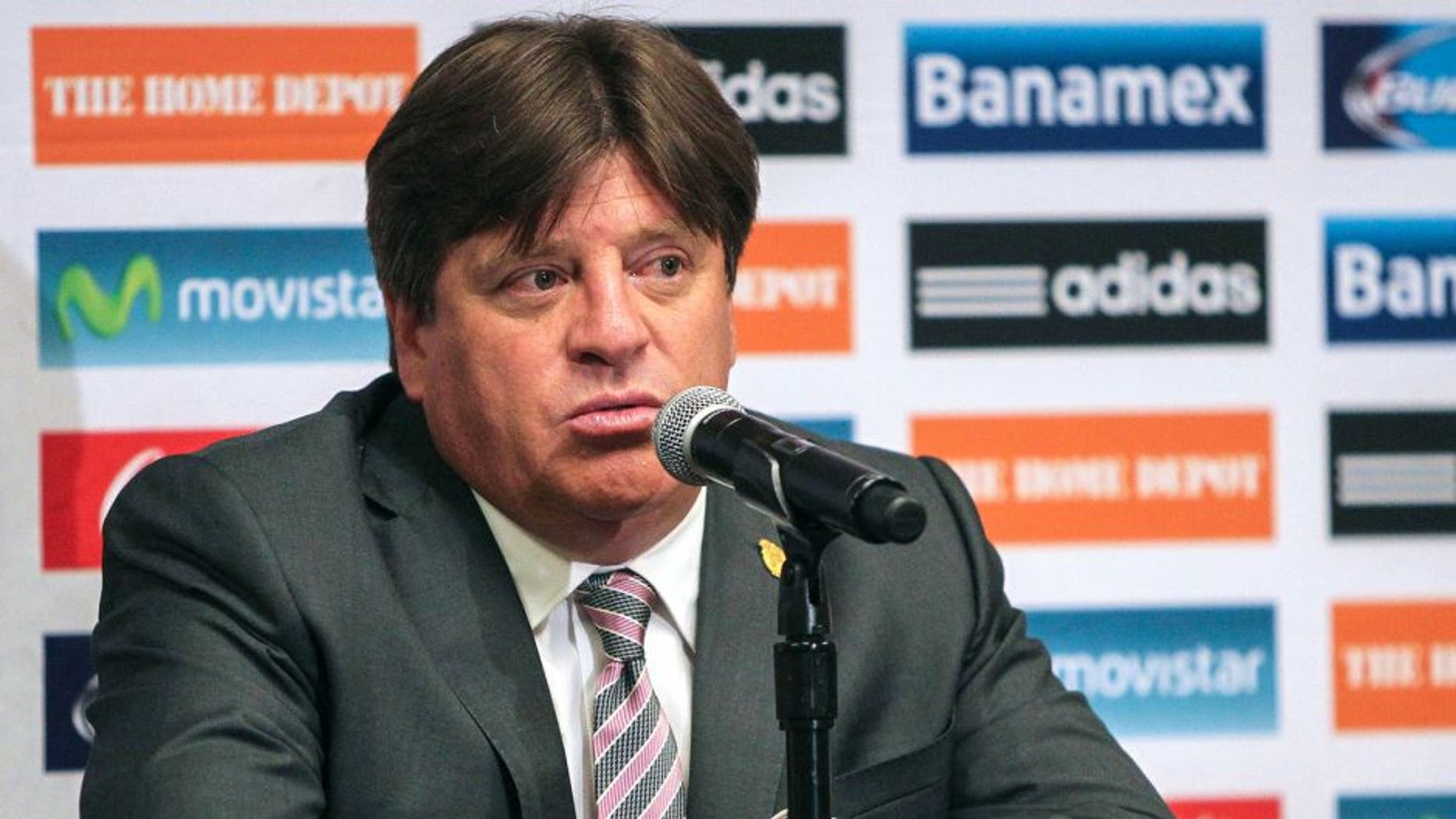 Jul 1, 2015; Houston, TX, USA; Mexico head coach Miguel Herrera talks with media after a match against Honduras at NRG Stadium. Mexico and Honduras played to a 0-0 tie. Mandatory Credit: Troy Taormina-USA TODAY Sports