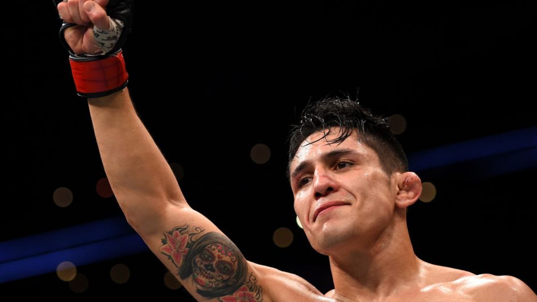 MONTERREY, MEXICO - NOVEMBER 21: Erik Perez of Mexico awaits the reading of the decision after his bantamweight bout against Taylor Lapilus of France during the UFC Fight Night event at Arena Monterrey on November 21, 2015 in Monterrey, Mexico. (Photo by Jeff Bottari/Zuffa LLC/Zuffa LLC via Getty Images)