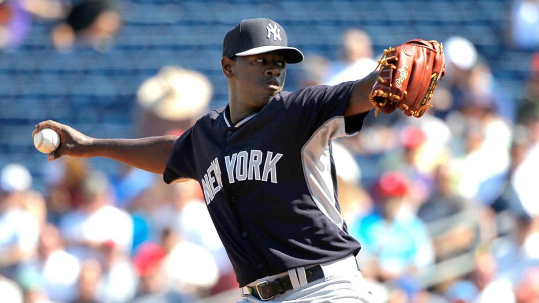Mar 3, 2015; Clearwater, FL, USA; New York Yankees starting pitcher Luis Severino (91) throws a pitch during a spring training baseball game at Bright House Field. Mandatory Credit: Kim Klement-USA TODAY Sports
