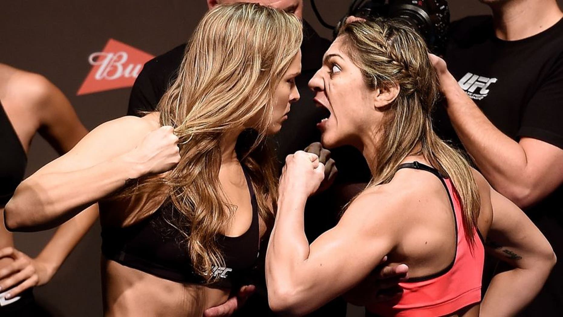 RIO DE JANEIRO, BRAZIL - JULY 31: UFC Bantamweight Champion Ronda Rousey of the United States and Bethe Correia of Brazil face off during their UFC 190 weigh-in at HSBC Arena on July 31, 2015 in Rio de Janeiro, Brazil. (Photo by Buda Mendes/Zuffa LLC/Zuffa LLC via Getty Images)