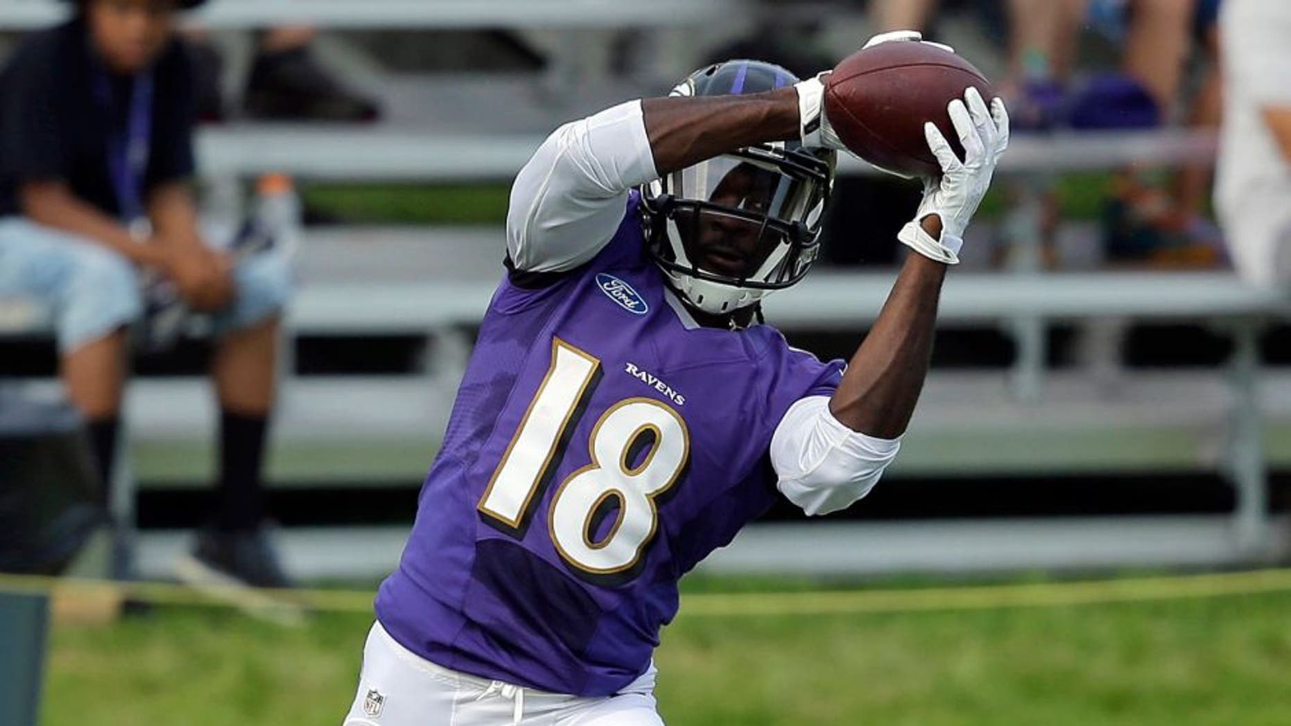 Baltimore Ravens wide receiver Breshad Perriman makes a catch in front of spectators at the team's first day of NFL football training camp, Thursday, July 30, 2015, in Owings Mills, Md. (AP Photo/Patrick Semansky)