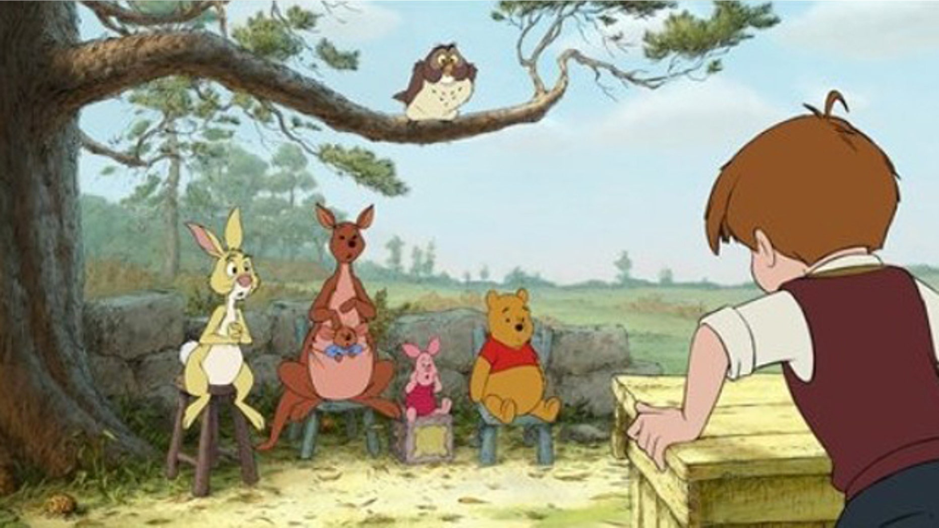 In this publicity image released by Disney, characters from left, Rabbit, Kanga, Roo, Piglet, Owl, Winnie the Pooh, and Christopher Robin are shown in a scene from "Winnie the Pooh."