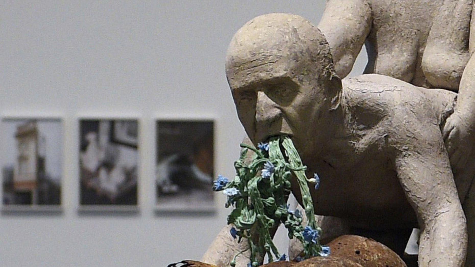 Detail of the sculpture "Not Dressed for Conquering / Haute Couture 04 Transport" by Ines Doujak and John Barker.