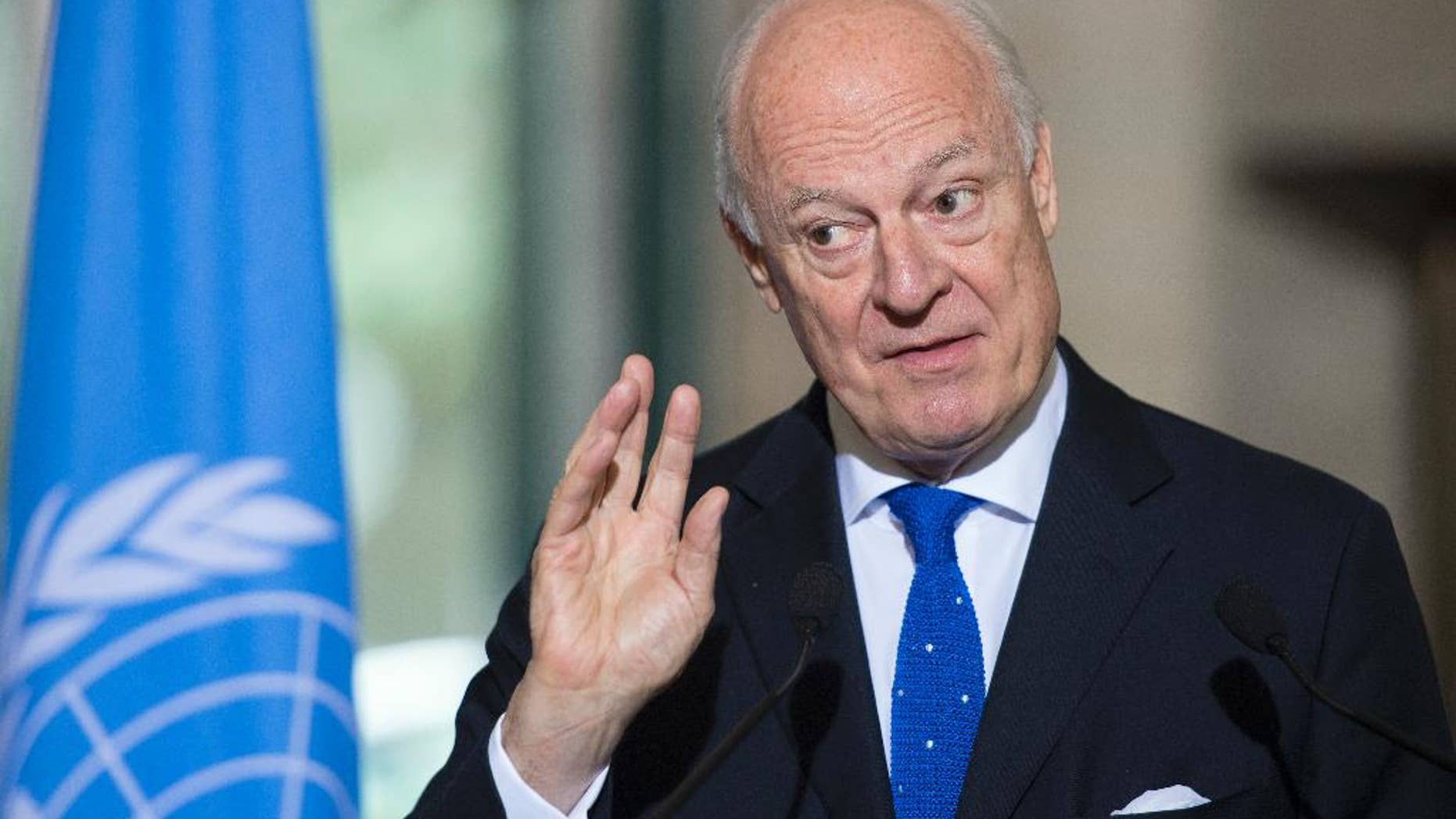 Staffan de Mistura, UN Special Envoy for Syria, speaks during a news conference at the European headquarters of the United Nations, in Geneva, Switzerland, Thursday, May 19, 2016. De Mistura says he’s waiting to see “gestures” following a Vienna meeting on Syria of world and regional powers earlier this week, before setting a target date for the indirect talks between President Bashar Assad’s envoys and opposition groups to resume in Geneva. (Martial Trezzini/Keystone via AP)