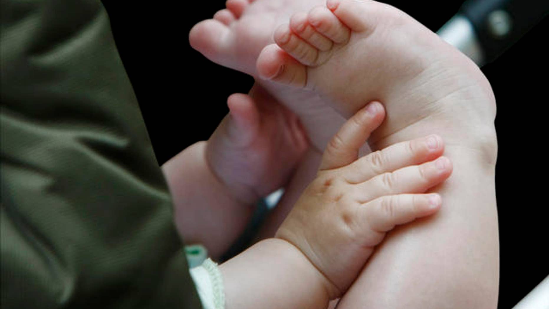 Ein Baby fasst sich am Dienstag , 1. Juli 2008, in Bremen im Kinderwagen liegend an die Fuesse.(AP Photo/Joerg Sarbach)
---A baby touches his feet in Bremen, Germany, on Tuesday, July 1, 2008.(AP Photo/Joerg Sarbach)