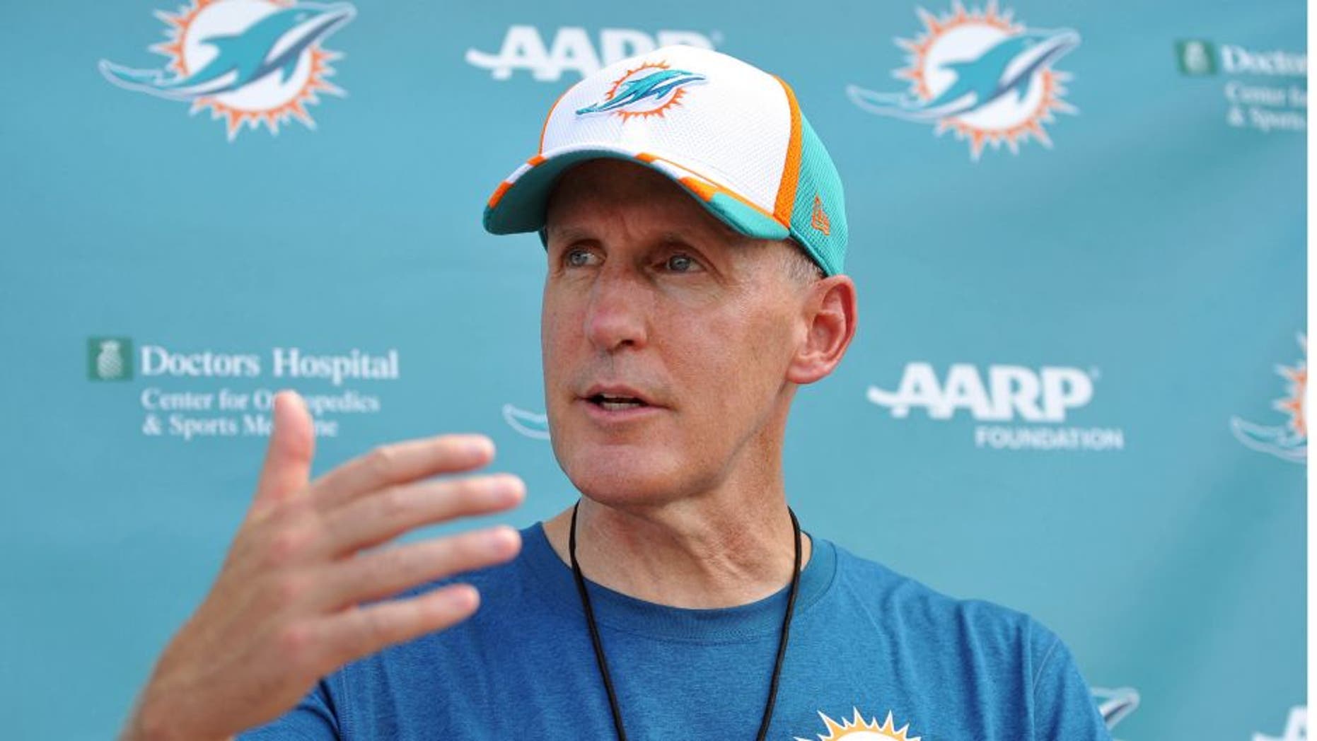 Jul 25, 2014; Davie, FL, USA; Miami Dolphins head coach Joe Philbin answers questions from reporters after the teams practice at Miami Dolphins Training Facility. Mandatory Credit: Steve Mitchell-USA TODAY Sports