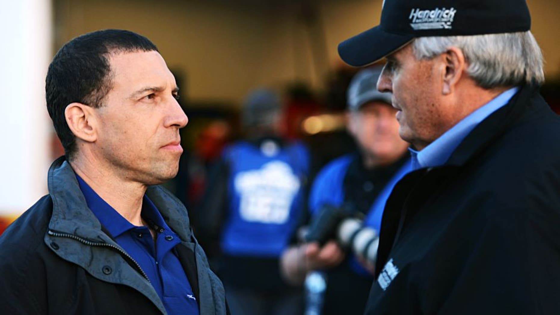 DAYTONA BEACH, FL - FEBRUARY 15: Team owners Rob Kauffman and Rick Hendrick speak during practice for the NASCAR Sprint Cup Series Sprint Unlimited at Daytona International Speedway on February 15, 2013 in Daytona Beach, Florida. (Photo by John Harrelson/NASCAR via Getty Images)