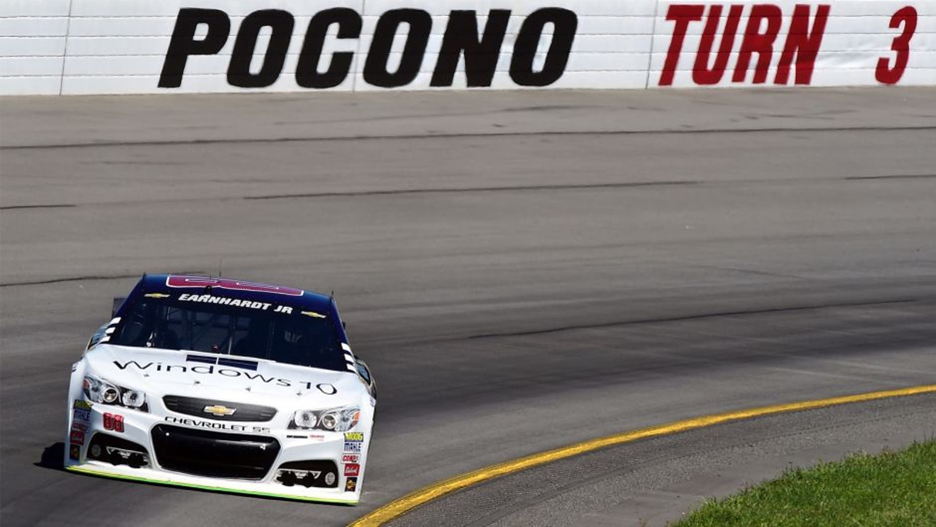 LONG POND, PA - JULY 31: Dale Earnhardt Jr., driver of the #88 Microsoft Chevrolet, practices for the NASCAR Sprint Cup Series Windows 10 400 at Pocono Raceway on July 31, 2015 in Long Pond, Pennsylvania. (Photo by Jared C. Tilton/Getty Images)
