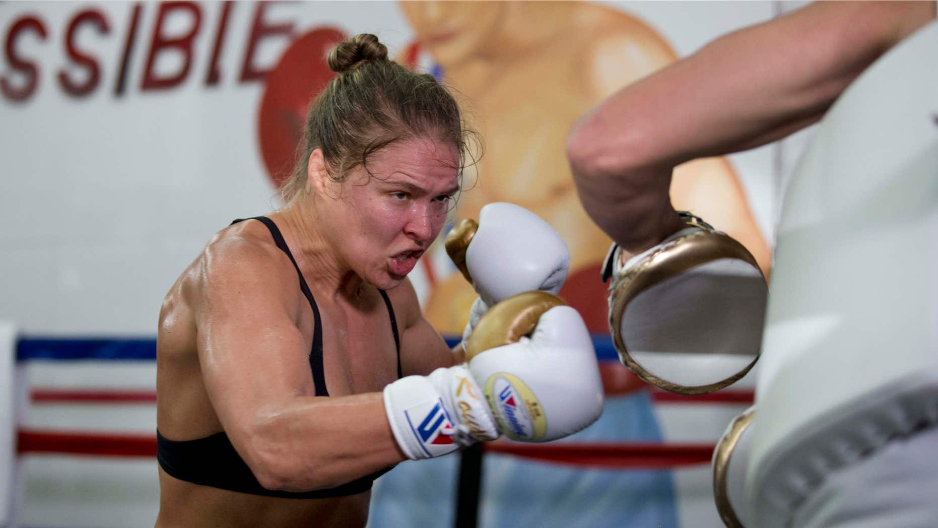 July 15, 2015: Mixed martial arts fighter Ronda Rousey trains with trainer Edmond Tarverdyan at Glendale Fighting Club in Glendale, Calif.