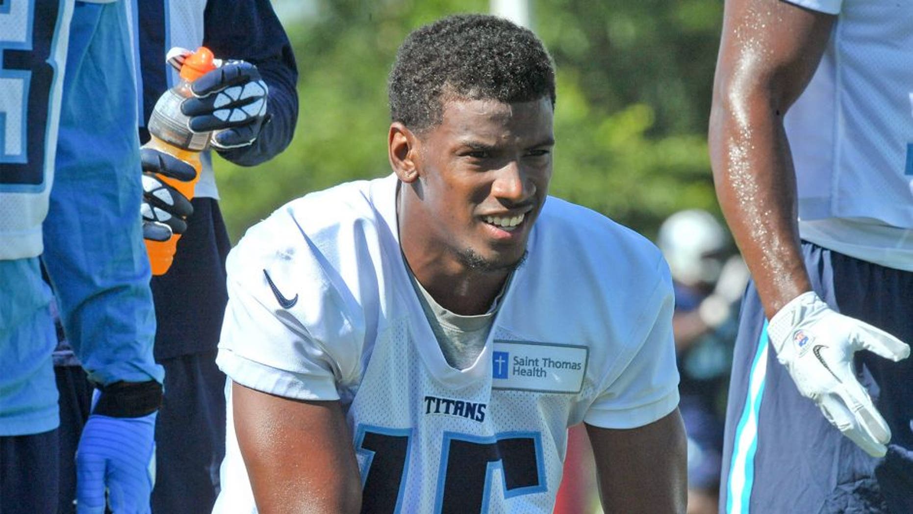 Jul 31, 2015; Nashville, TN, USA; Tennessee Titans Justin Hunter (15) during the first day of training camp at Saint Thomas Sports Park. Mandatory Credit: Jim Brown-USA TODAY Sports
