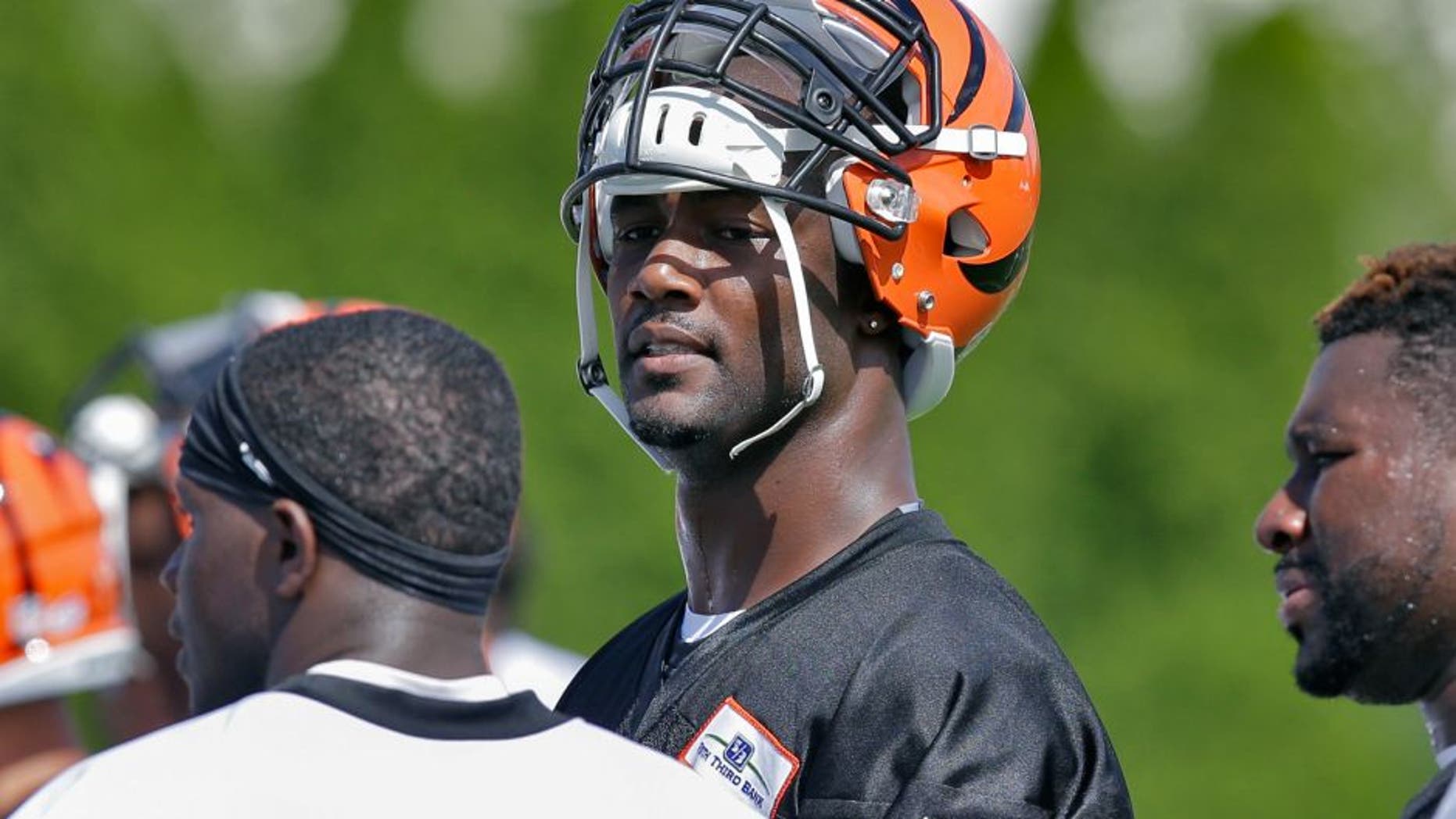 Cincinnati Bengals defensive end Michael Johnson participates in NFL football training camp, Saturday, Aug. 1, 2015, in Cincinnati. (AP Photo/John Minchillo)