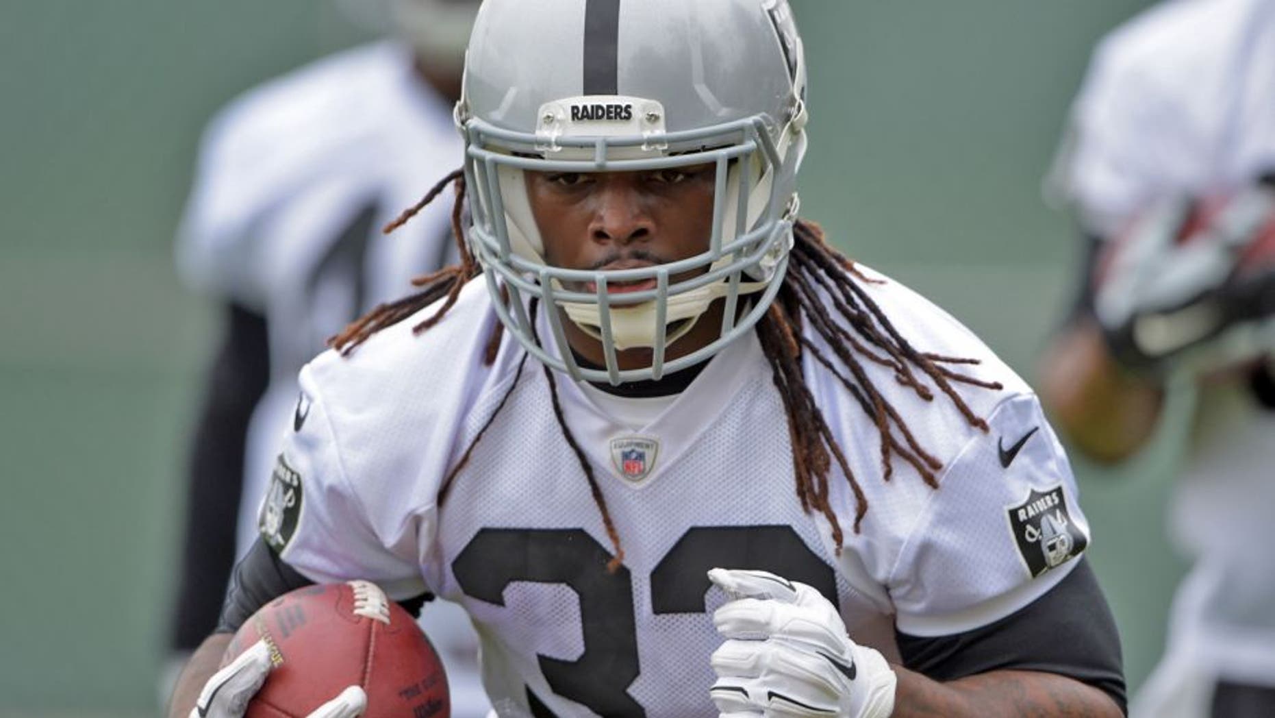 May 19, 2015; Alameda, CA, USA; Oakland Raiders running back Trent Richardson (33) at organized team activities at the Raiders practice facility. Mandatory Credit: Kirby Lee-USA TODAY Sports