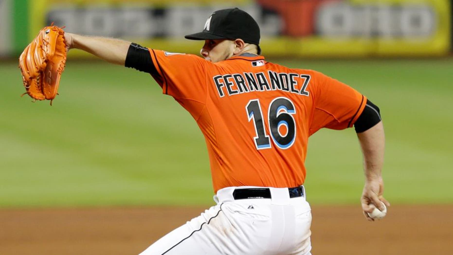 Miami Marlins' Jose Fernandez (16) pitches against the San Diego Padres in the fourth inning of a baseball game, Sunday, Aug. 2, 2015, in Miami. (AP Photo/Alan Diaz)