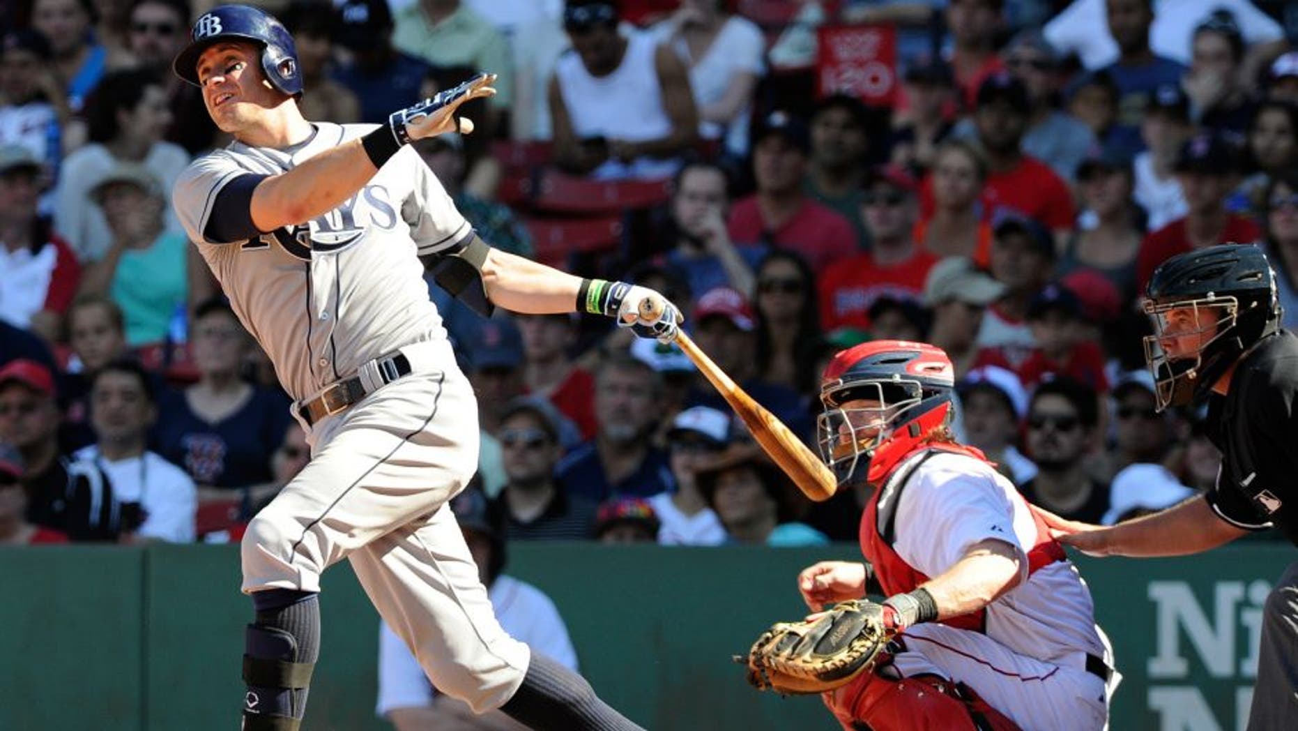 Aug 2, 2015; Boston, MA, USA; Tampa Bay Rays third baseman Evan Longoria (3) hits a double during the eighth inning against the Boston Red Sox at Fenway Park. Mandatory Credit: Bob DeChiara-USA TODAY Sports