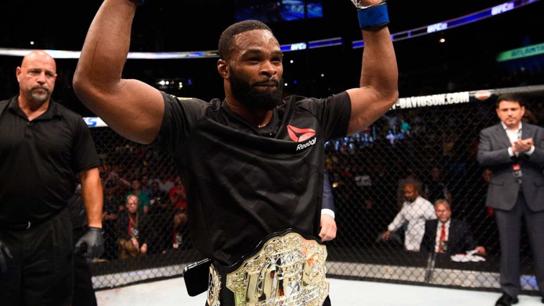 ATLANTA, GA - JULY 30: Tyron Woodley celebrates his knockout victory over Robbie Lawler in their welterweight championship bout during the UFC 201 event on July 30, 2016 at Philips Arena in Atlanta, Georgia. (Photo by Jeff Bottari/Zuffa LLC/Zuffa LLC via Getty Images)