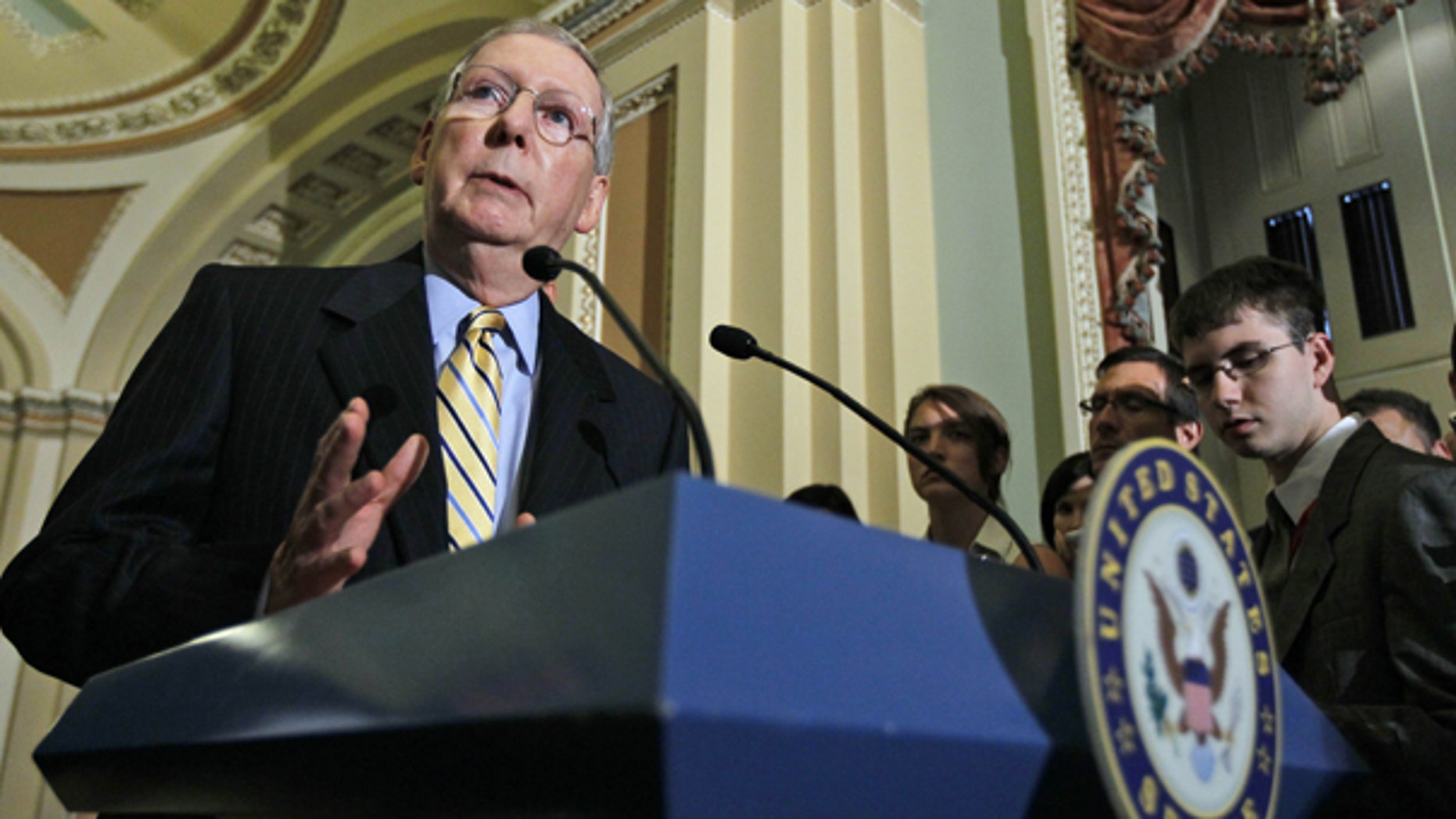 Aug 3: Senate Minority Leader Mitch McConnell of Ky., talks to the media on Capitol Hill in Washington after the Republican Party luncheon.