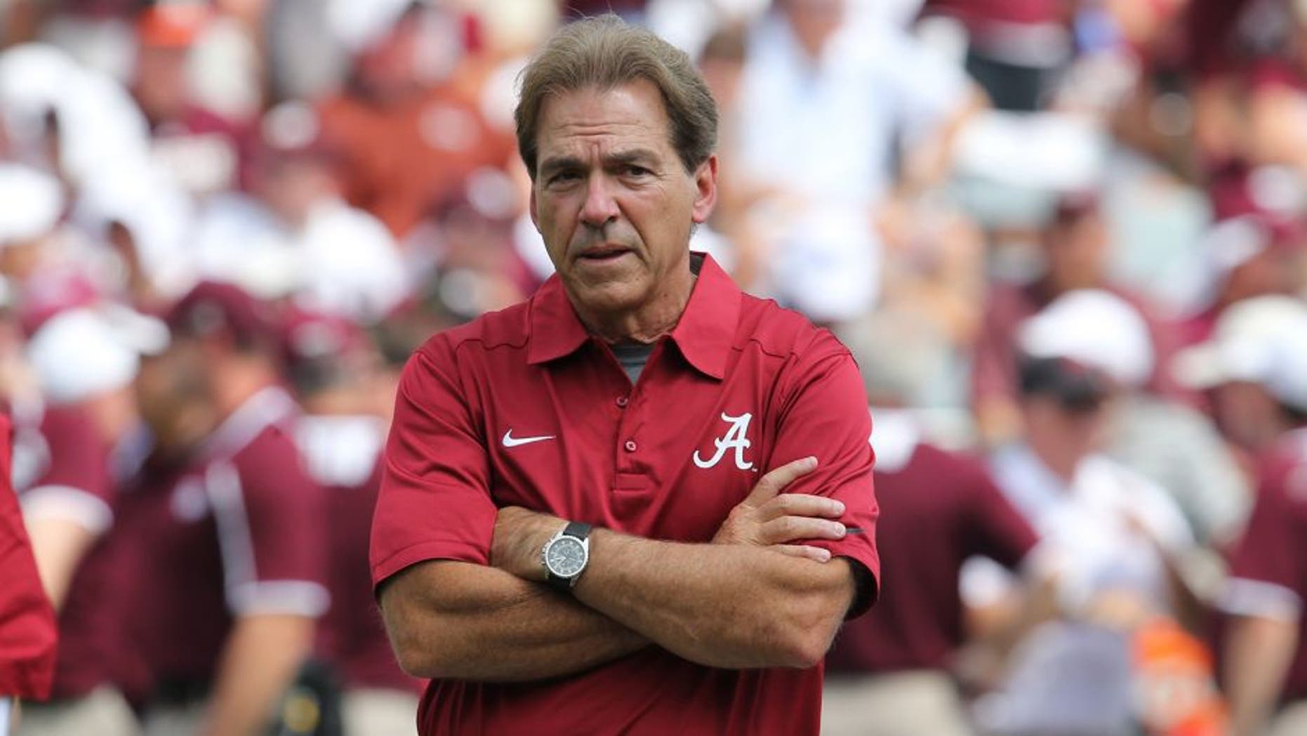 Sep 14, 2013; College Station, TX, USA; Alabama Crimson Tide head coach Nick Saban on the field prior to the game against the Texas A&M Aggies at Kyle Field. Mandatory Credit: Matthew Emmons-USA TODAY Sports