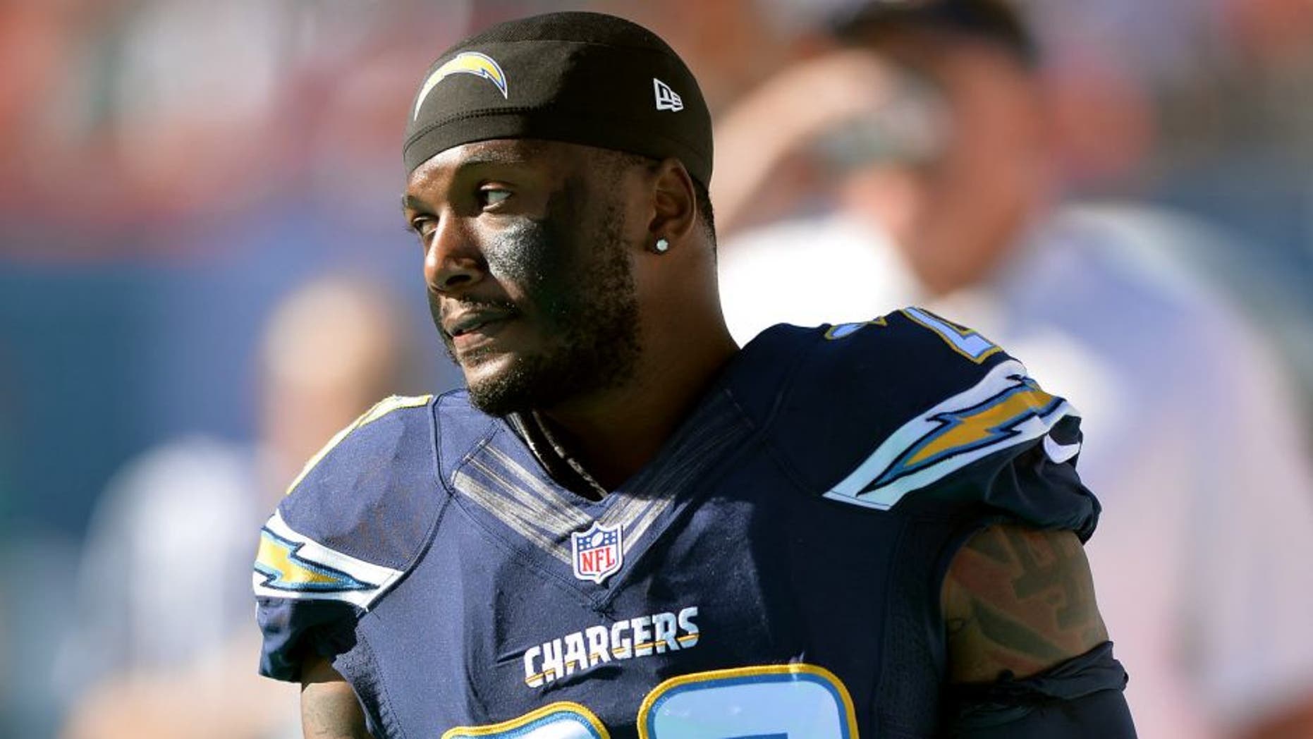 Nov 2, 2014; Miami Gardens, FL, USA; San Diego Chargers cornerback Brandon Flowers (26) reacts on the sideline during the second half against the Miami Dolphins at Sun Life Stadium. The Dolphins won 37-0. Mandatory Credit: Steve Mitchell-USA TODAY Sports